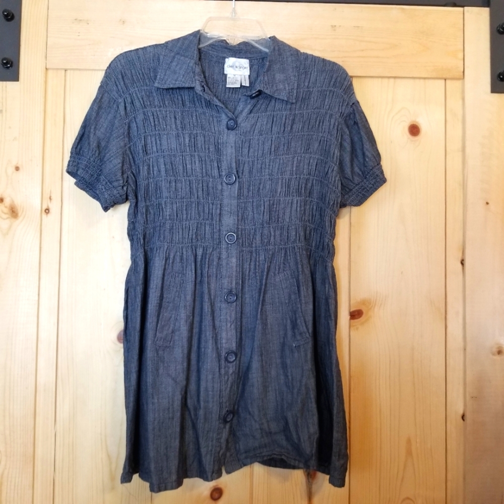 Caren Sport Peplum Chambray Denim Cinched Short Sleeve Shirt